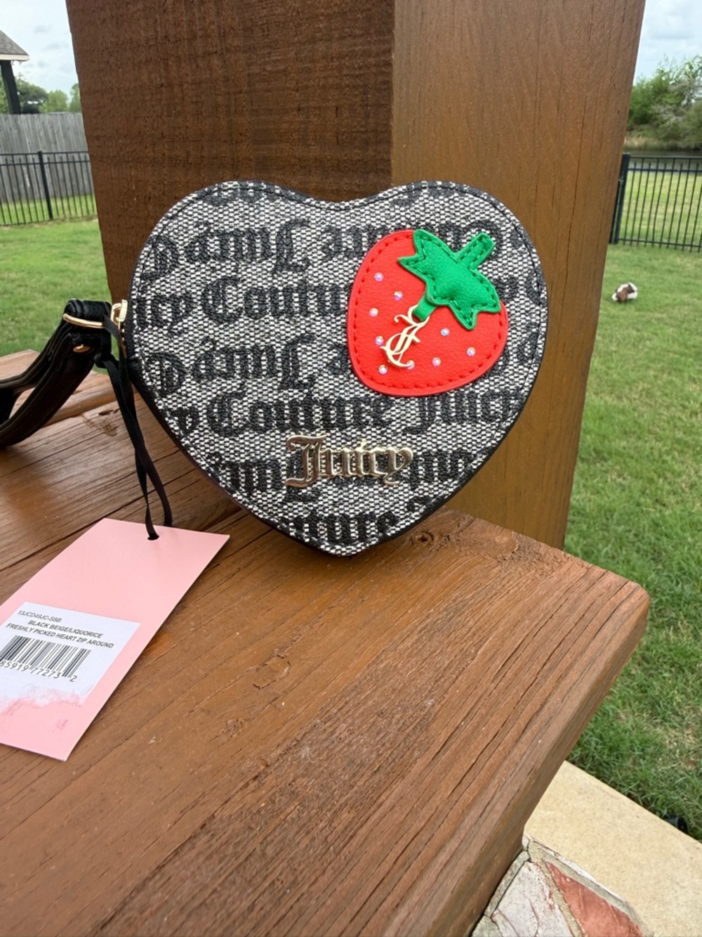 NWT Juicy Couture Strawberry Black & White Heart Logo coin Mini Bag Wristlet